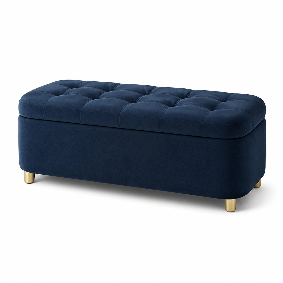 Banc de rangement en velours bleu avec pieds en métal