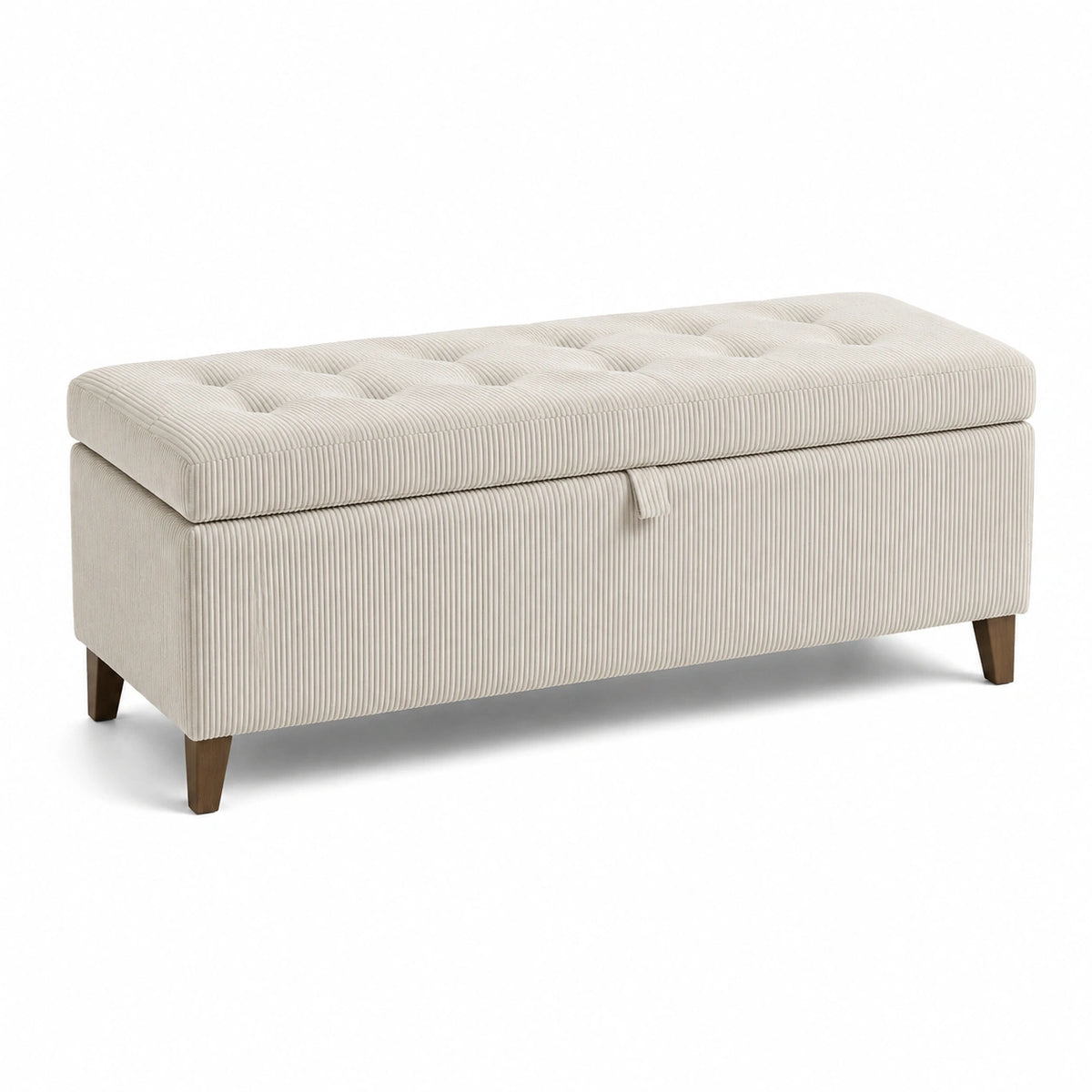 Banc de rangement en velours côtelé beige avec pieds en bois