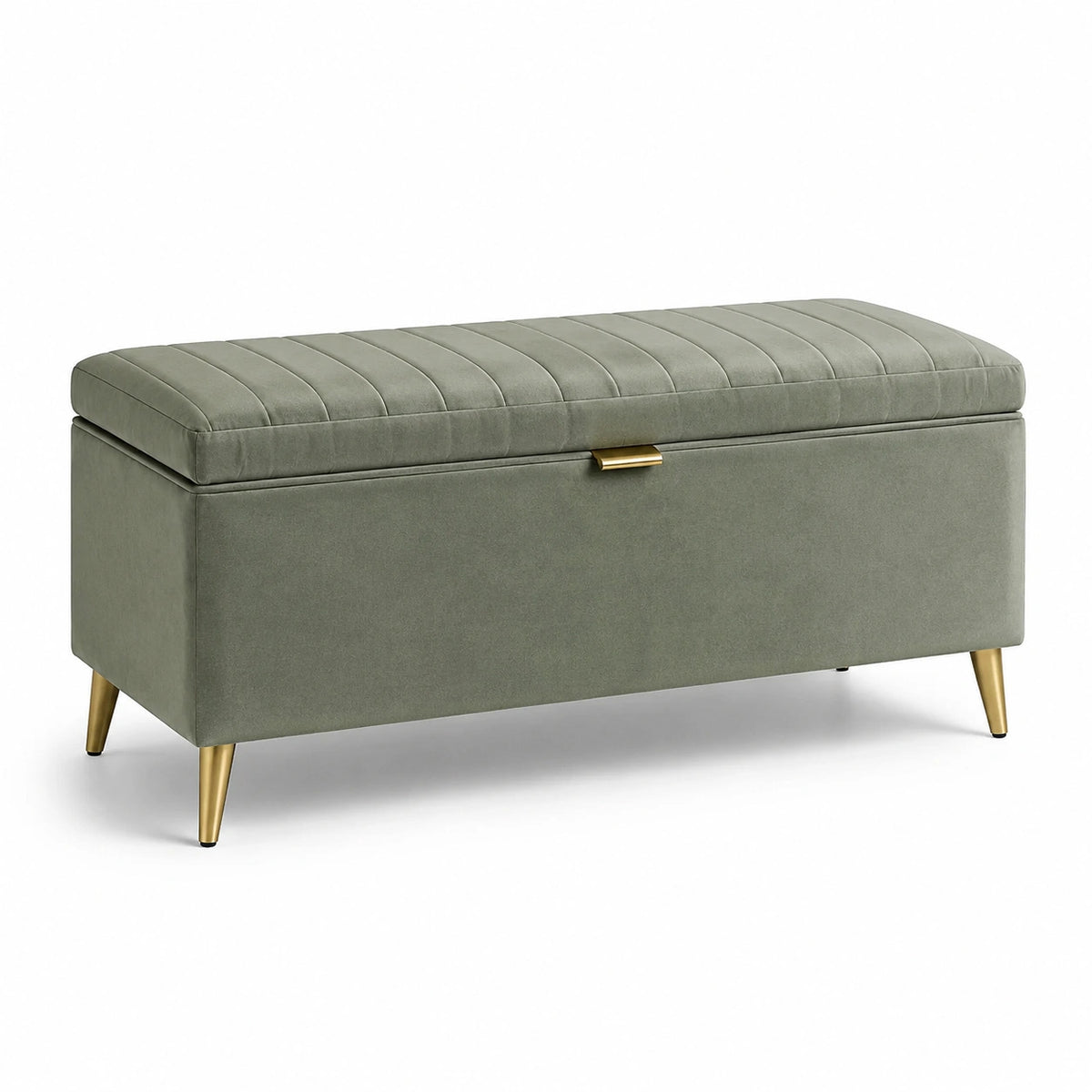 Banc de rangement en velours polyester vert avec pieds en métal doré