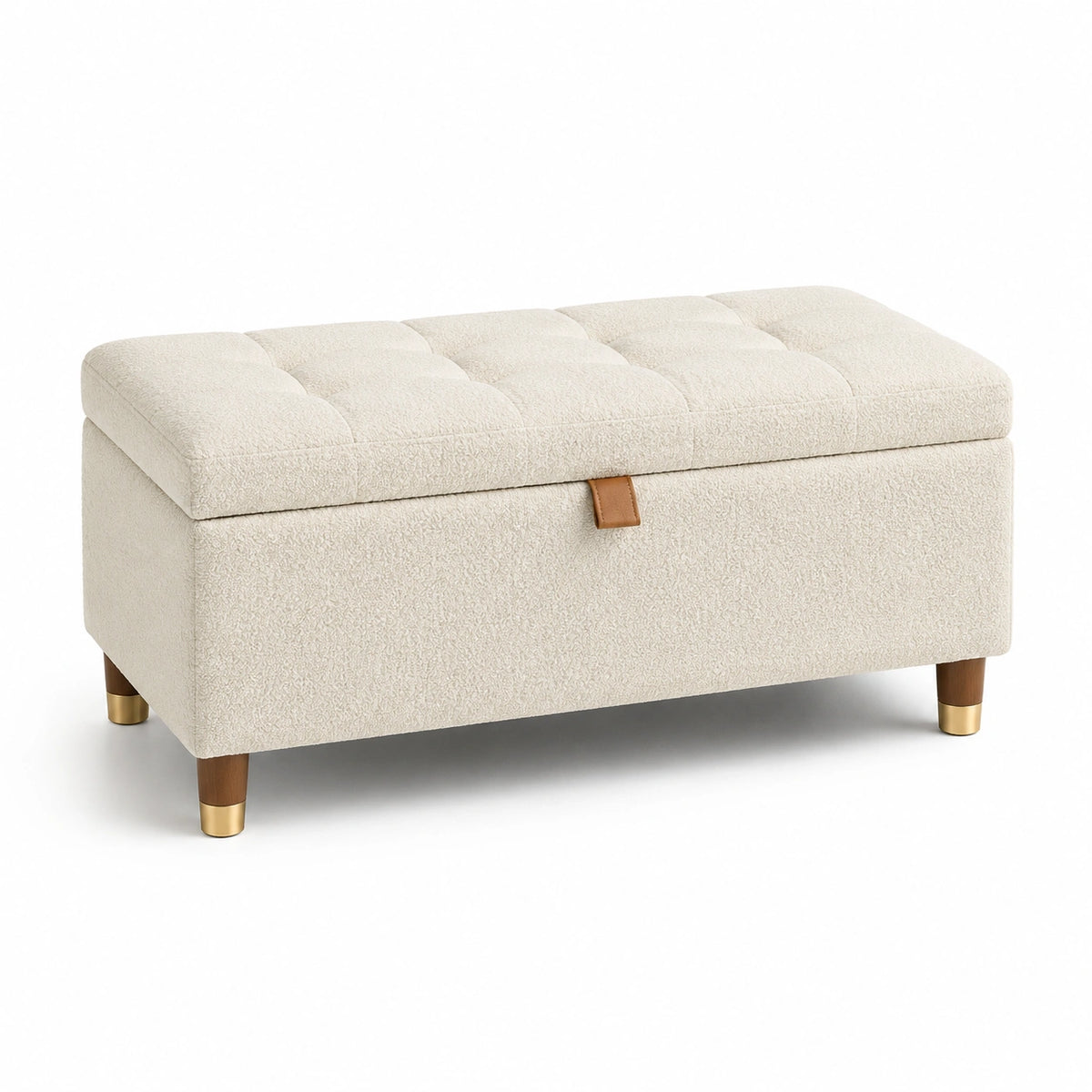 Banc de rangement en tissu bouclé beige avec pieds en bois et métal