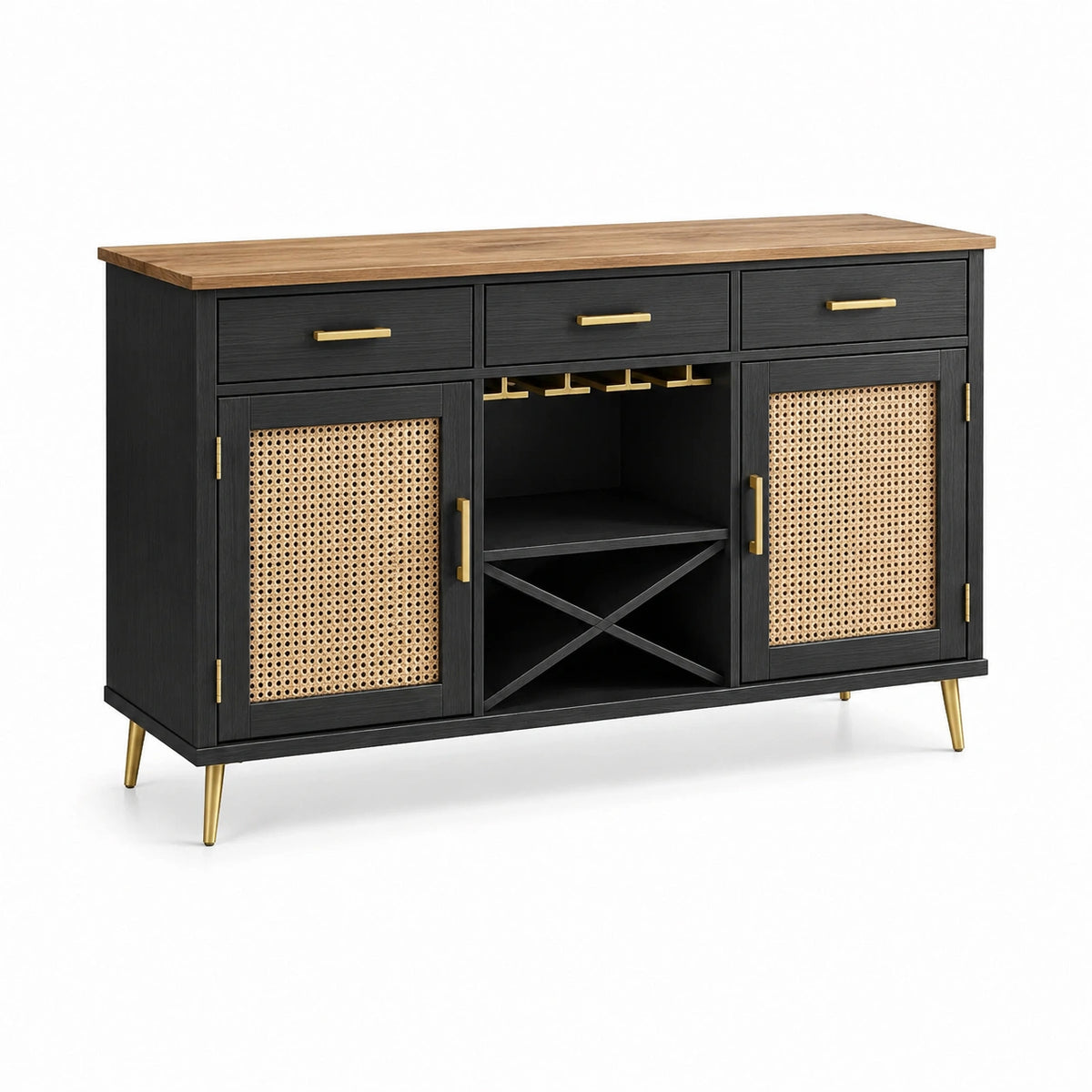Buffet en bois noir avec portes en osier et supports dorés