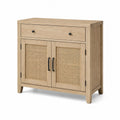 Buffet en bois de chêne clair avec portes en rotin et tiroir