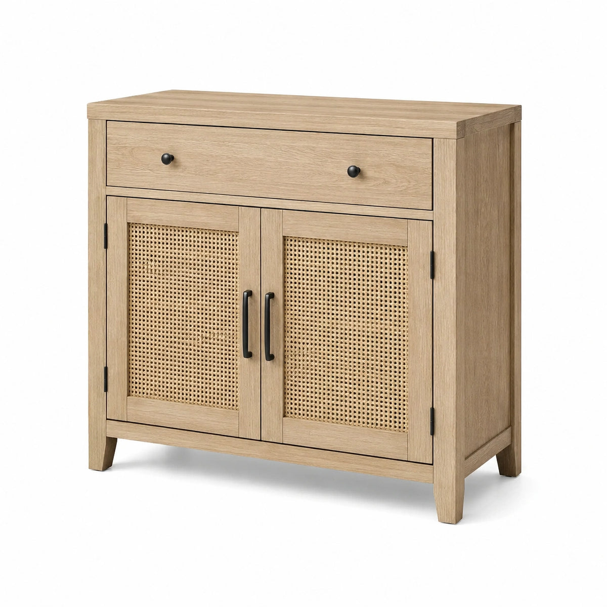 Buffet en bois de chêne clair avec portes en rotin et tiroir