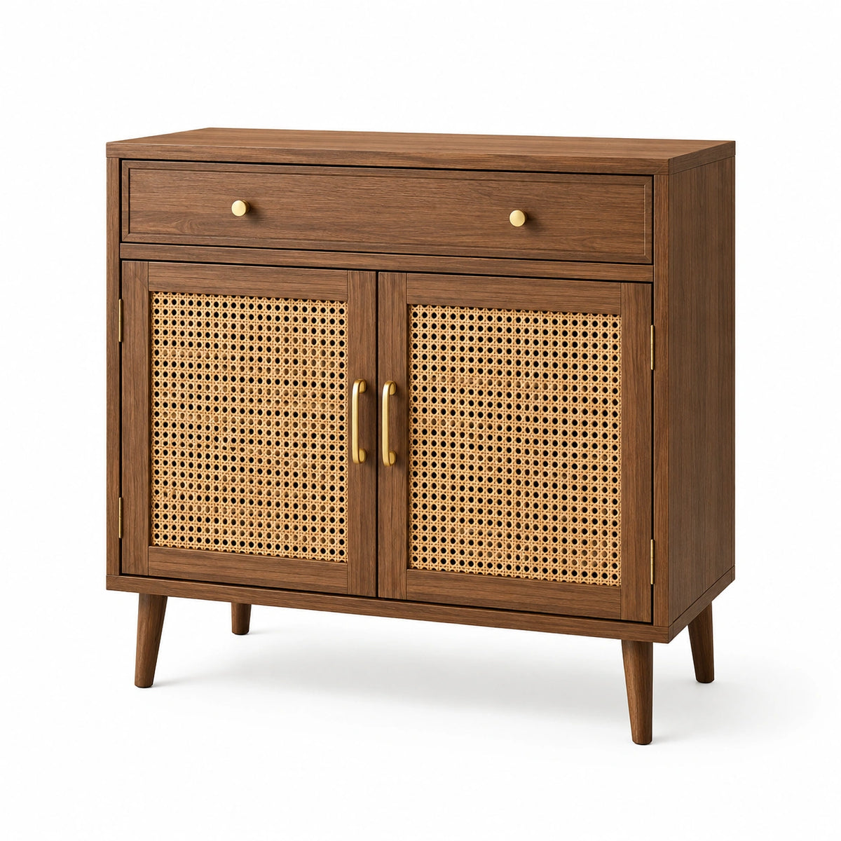 Buffet en bois et cannage rotin avec poignées dorées