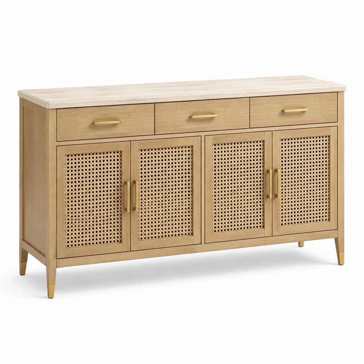 Buffet en bois de chêne avec cannage et plateau en marbre