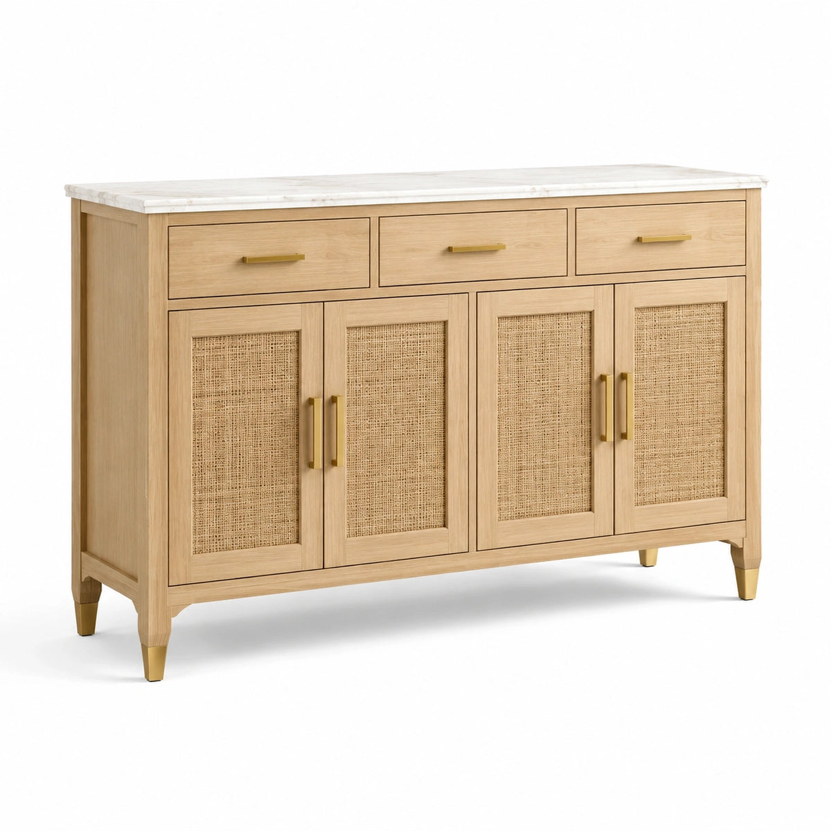 Buffet en bois, rotin et marbre de carrare 160x40x85 cm