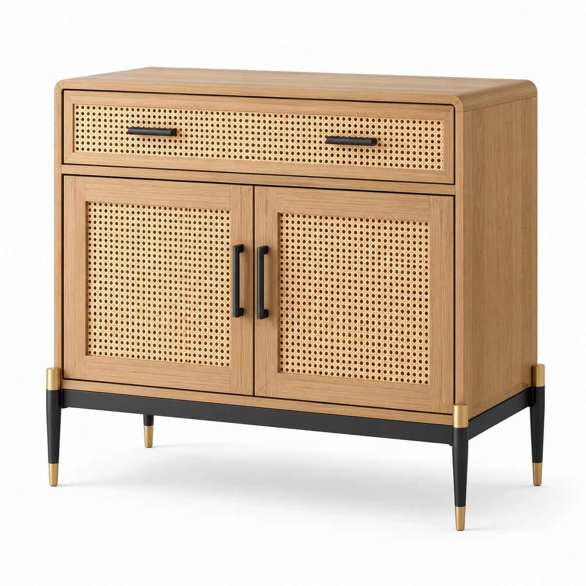 Buffet en bois et rotin avec poignées en métal noir
