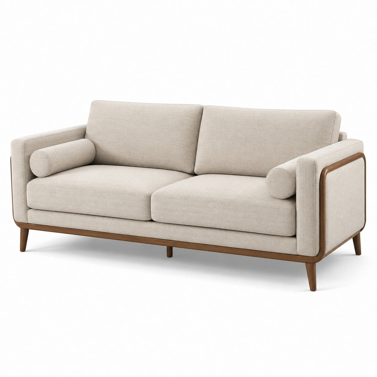 Canapé 3 places en bois et tissu polyester beige