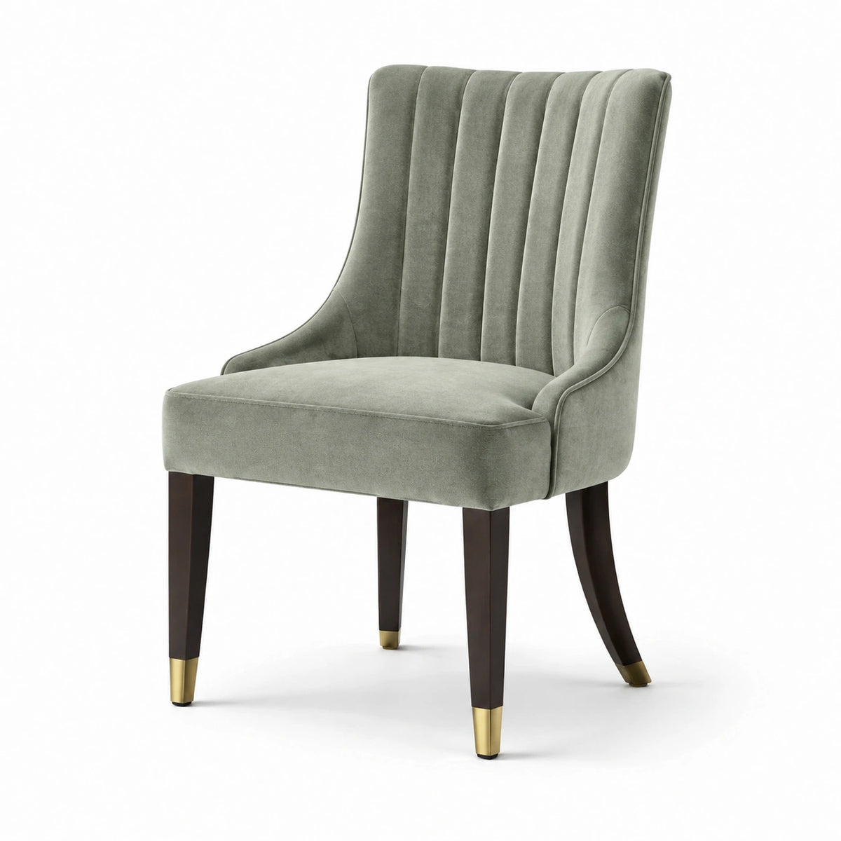 Chaise en velours et bois avec embouts métalliques, vert sauge