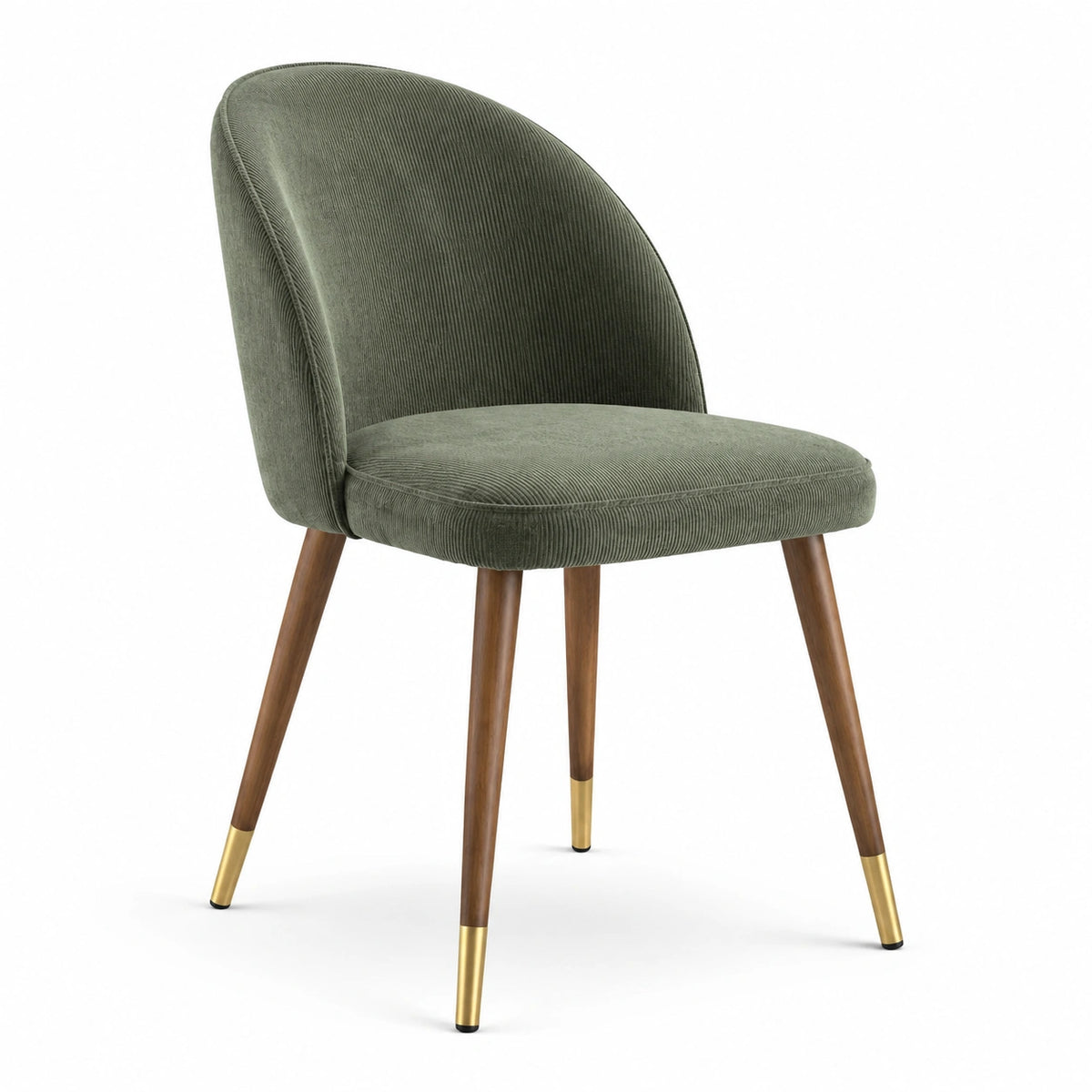 Chaise en tissu côtelé vert avec pieds en bois de noyer
