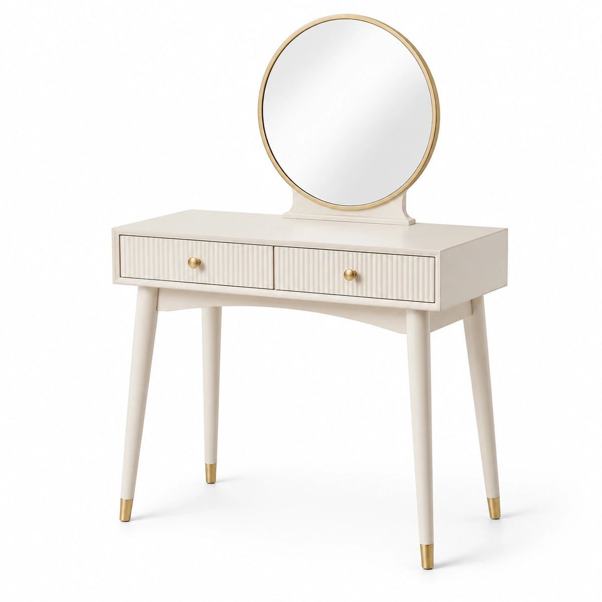 Coiffeuse en bois avec miroir rond et tiroirs crème doré