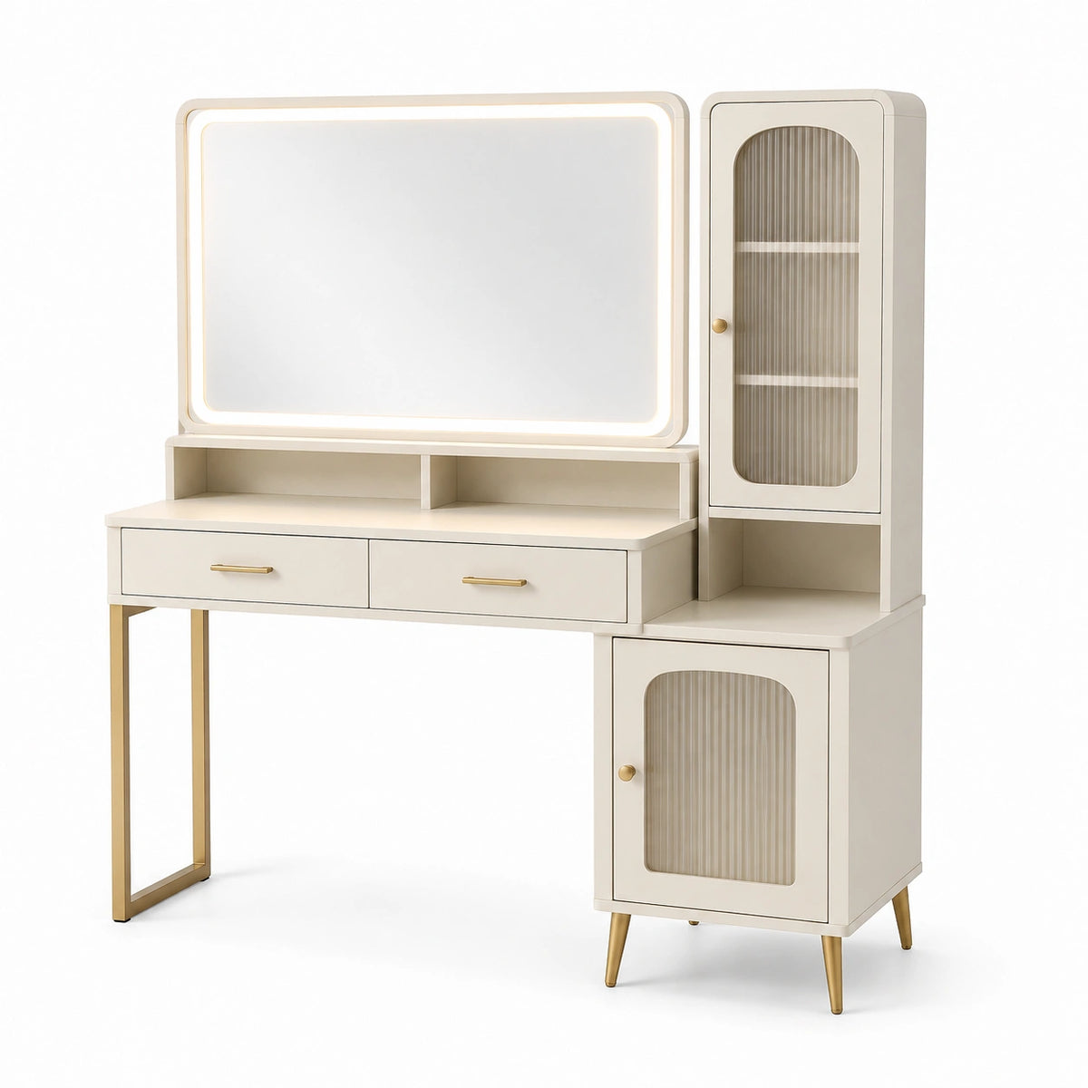 Coiffeuse en bois et métal avec miroir LED et étagères
