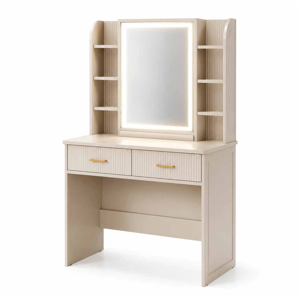 Coiffeuse en bois beige avec miroir LED et étagères 120x45x160 cm