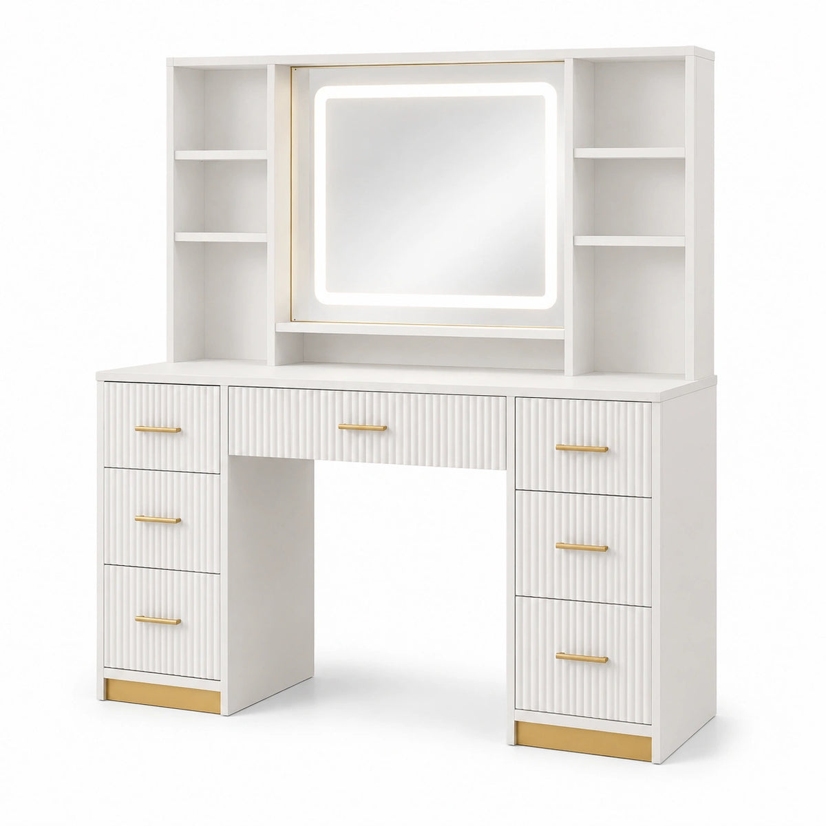 Coiffeuse en bois avec miroir LED et rangements intégrés 120x45x140 cm