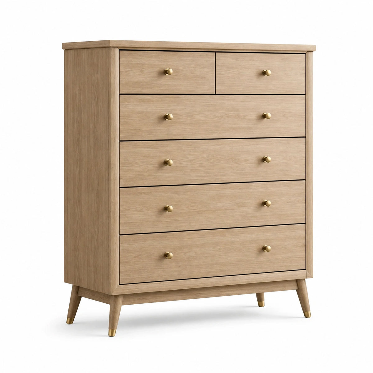 Commode en bois naturel avec poignées en métal doré
