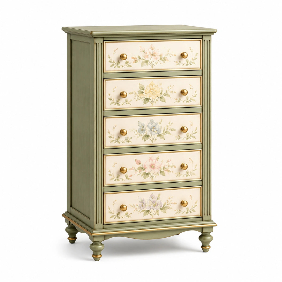 Commode en bois avec motifs floraux peints, vert et beige