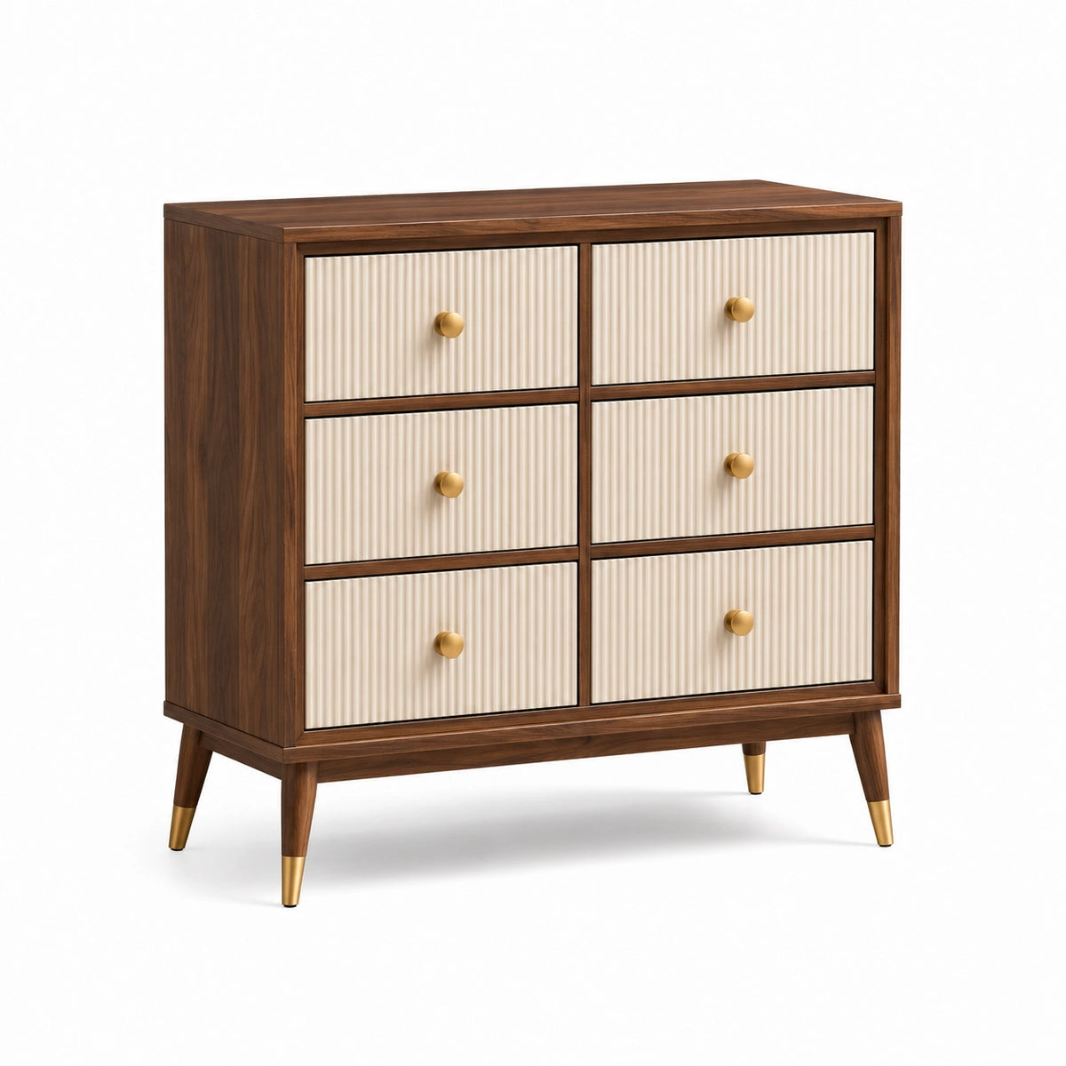 Commode 6 tiroirs en bois de noyer et MDF beige