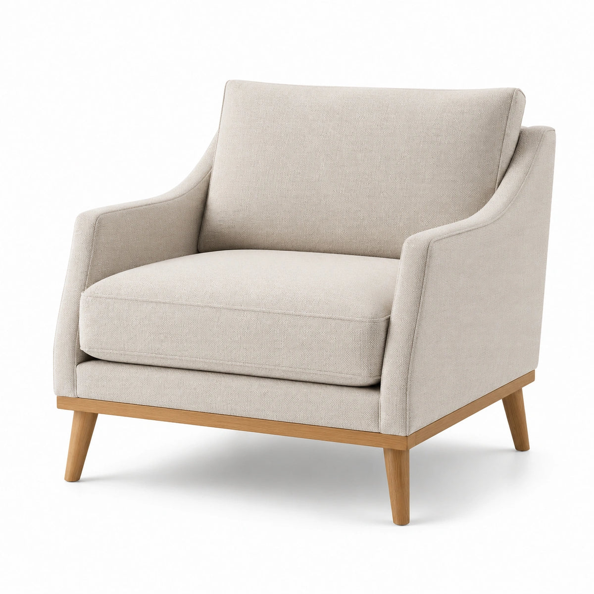 Fauteuil en lin beige avec pieds en bois de chêne