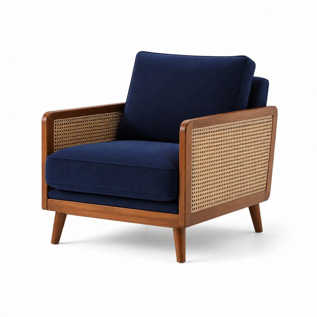 Fauteuil en Bois et Rotin avec Coussin en Tissu Bleu Marine