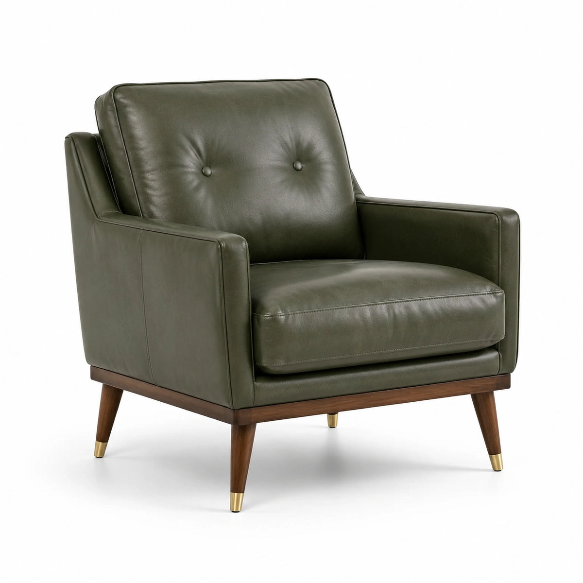 Fauteuil en cuir vert olive avec pieds en bois massif