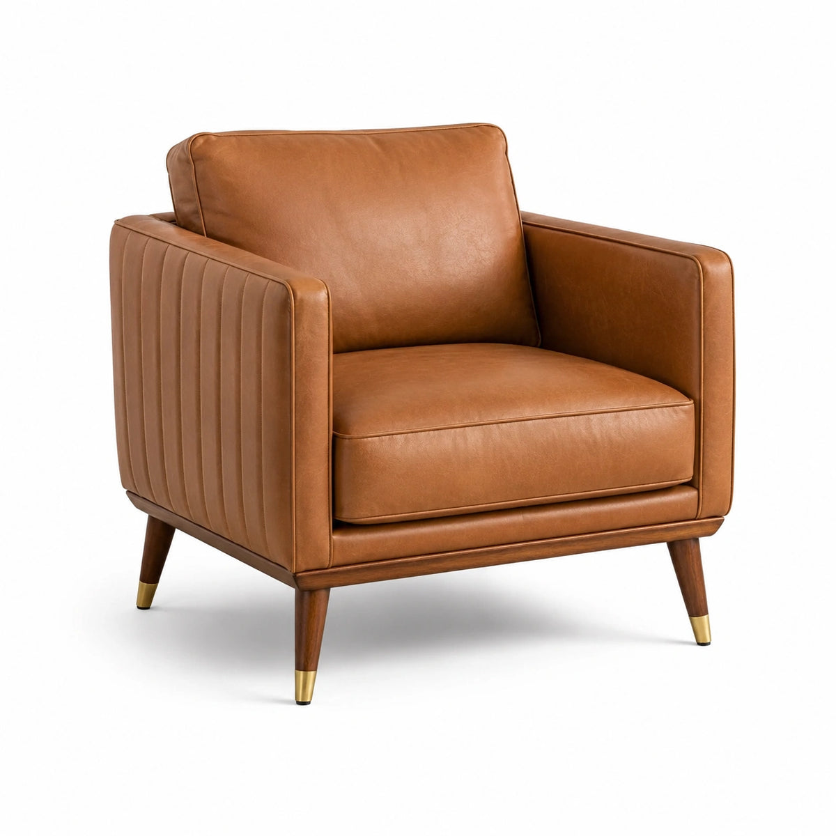 Fauteuil en cuir marron avec pieds en bois massif