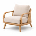 Fauteuil en bois de frêne et rotin avec coussins en lin beige