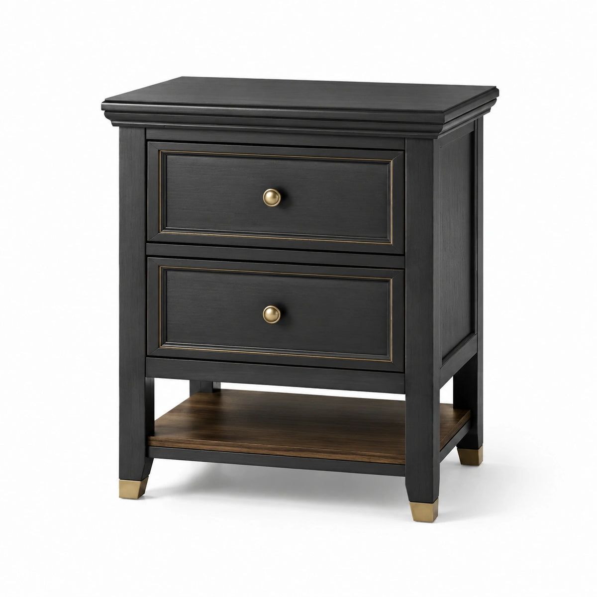 Table de chevet en bois avec tiroirs et accents en laiton