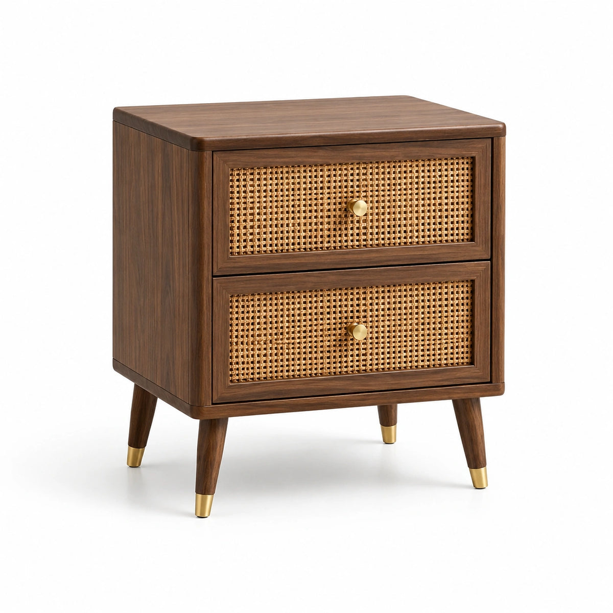 Table de chevet en bois et rotin avec embouts dorés 50x40x60 cm